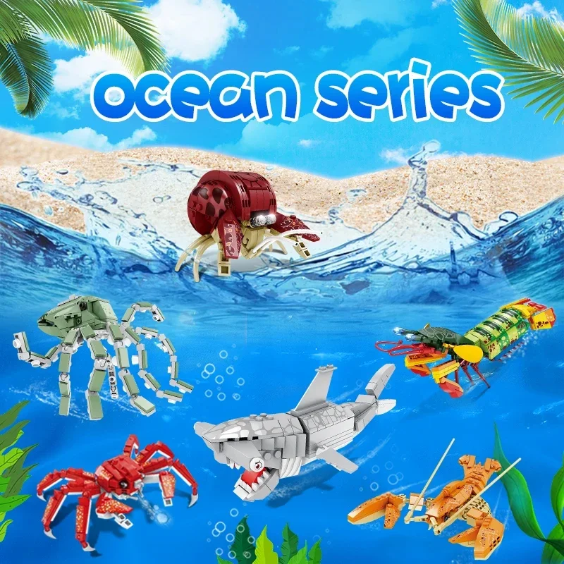 Ocean World ของเล่นบล็อคตัวต่อของเล่นรูปฉลามล็อปสเตอร์ในน้ำของเล่นตัวต่อสำหรับเด็กสุดสร้างสรรค์ของขวัญคริสต์มาส