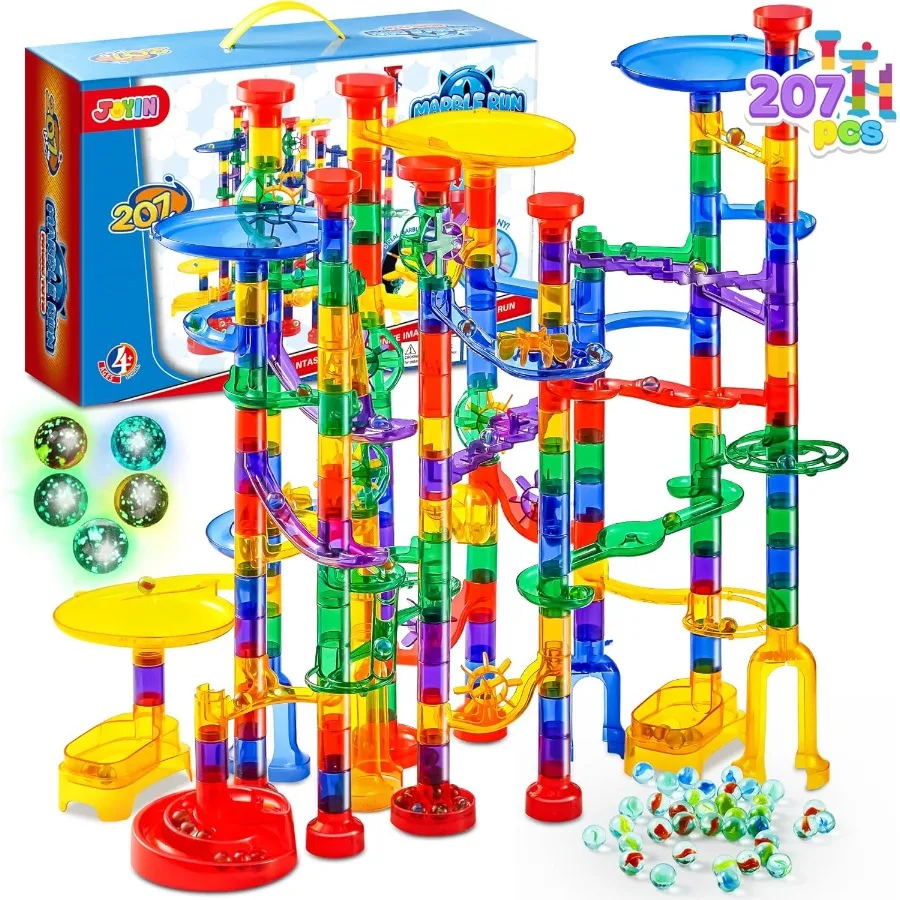 JOYIN 207Pcs Glowing Marble Run Construction Building Blocks Toys with 5 Glow in The Dark Glass Marbles STEM Toy for Boys and G