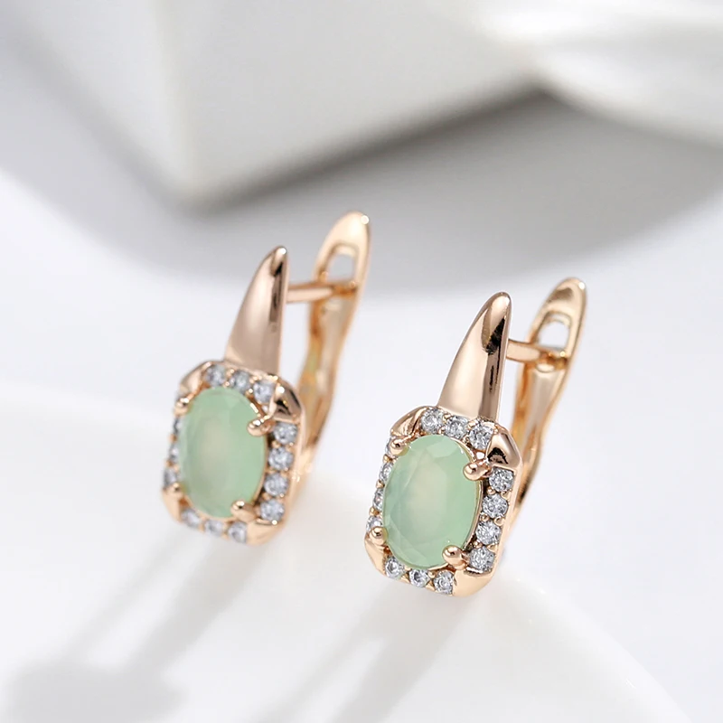 New Geometric Oval Jade Green Zircon Women\'s Elegant Drop Earrings 585 Gold Vintage Jewelry Party Wedding European Earrings