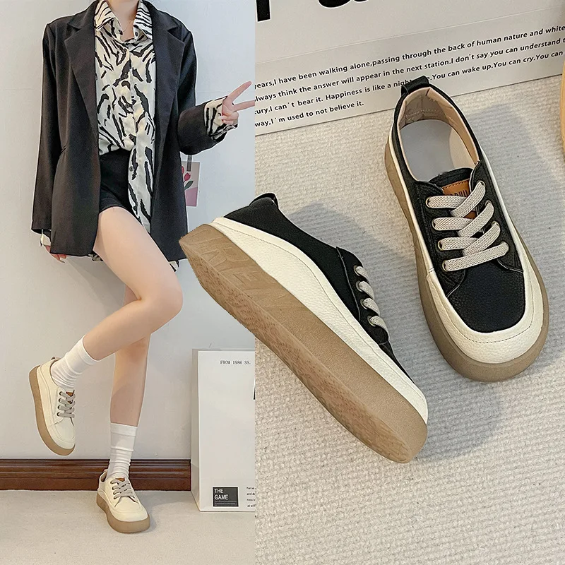 Women Casual Sneakers Platform Flat Bottom All-Match Spring  Autumn New Round Toe Lace Up Ladies Tennis Shoes Black Board Shoes