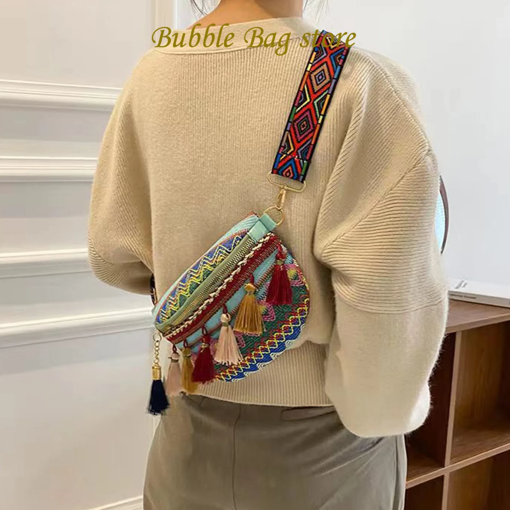Women's Crossbody Bag Ethnic Style Tassel Decor Diagonal Straddle Bag Feminina Single Shoulder Bag Variegated Color Chest Pouch