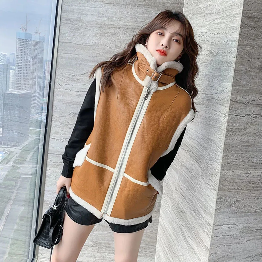 Winter Wool PU Leather Jacket Vest Female Winter Fur Integrated Thick Lamb Korean PU Leather Coat Clothing Fashion Loose