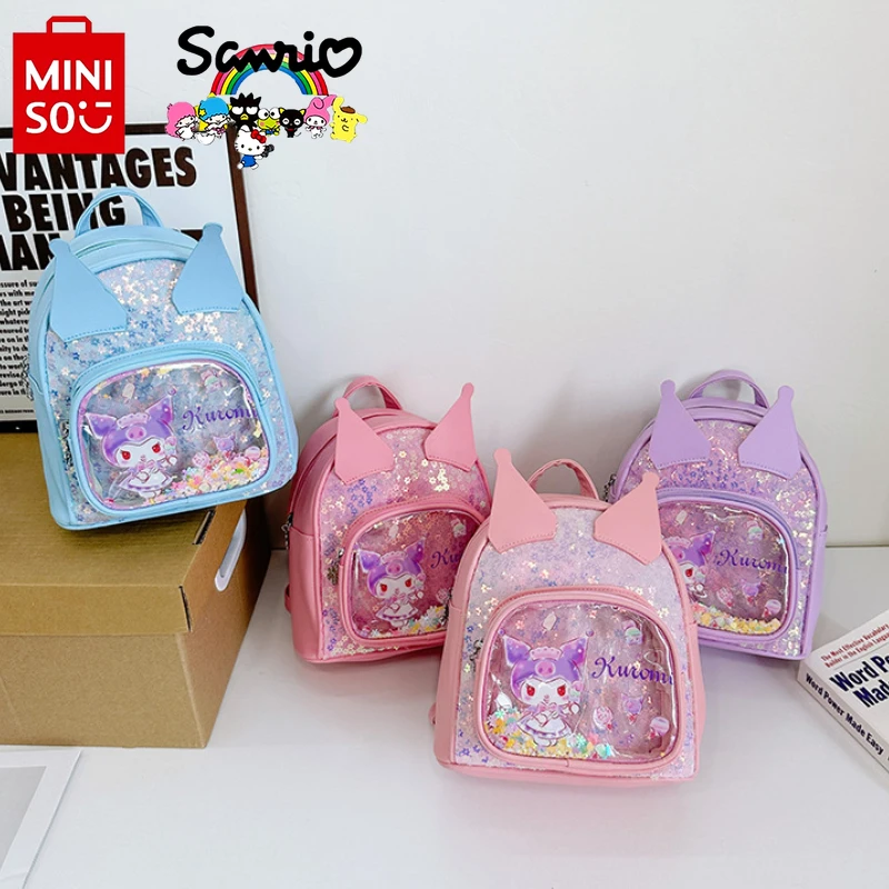 Miniso Kuromi Mochila Lantejoula Feminina Saco de Livro Infantil, Armazenamento Multi Funcional, Elegante, Desenhos Animados de Alta Qualidade