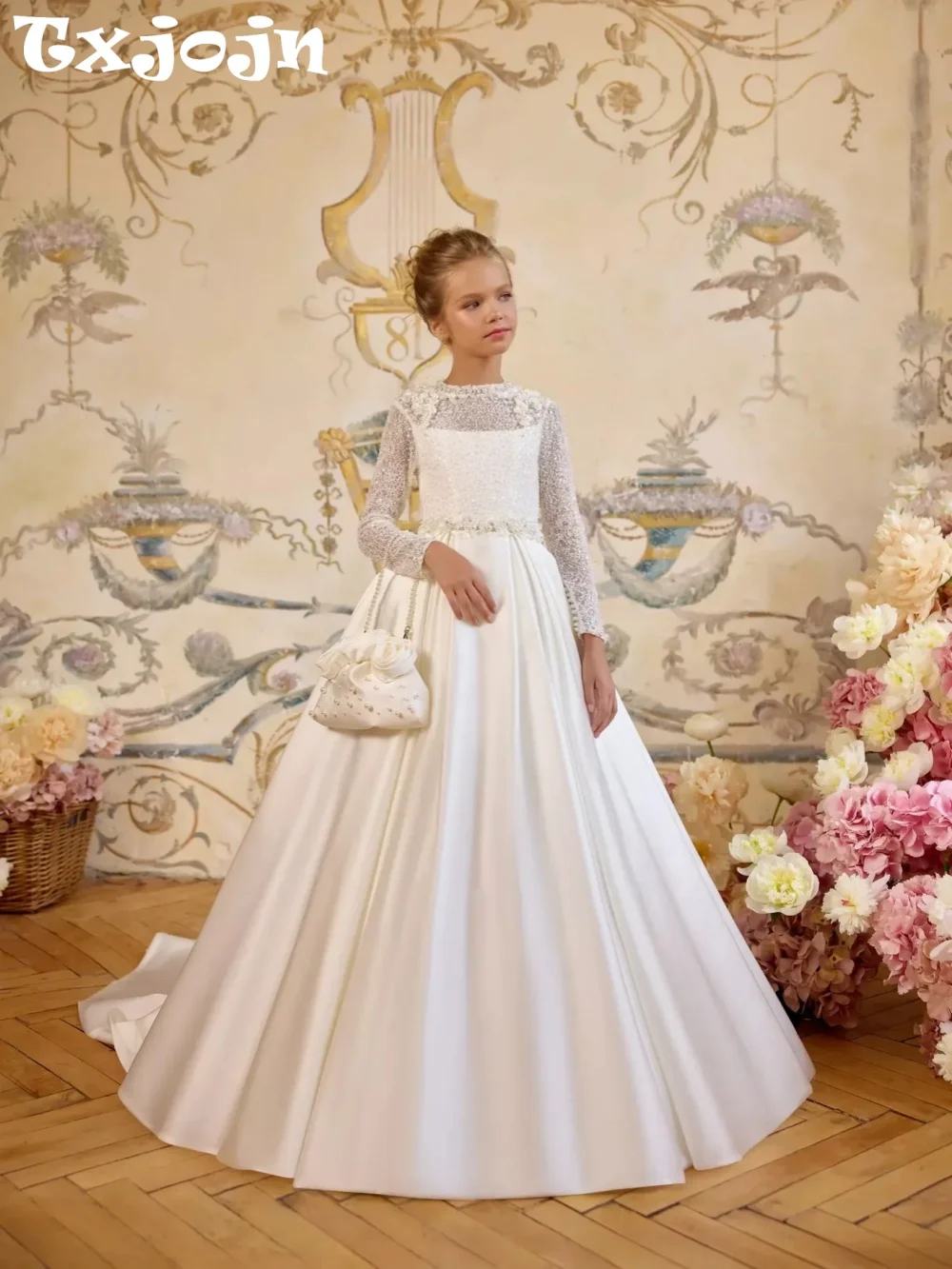 Girls White Beaded Satin Long Princess Gown Dancing Wear Long Sleeved Kid Dresses Wedding Guest Clothes 2-14Y Performance Outfit