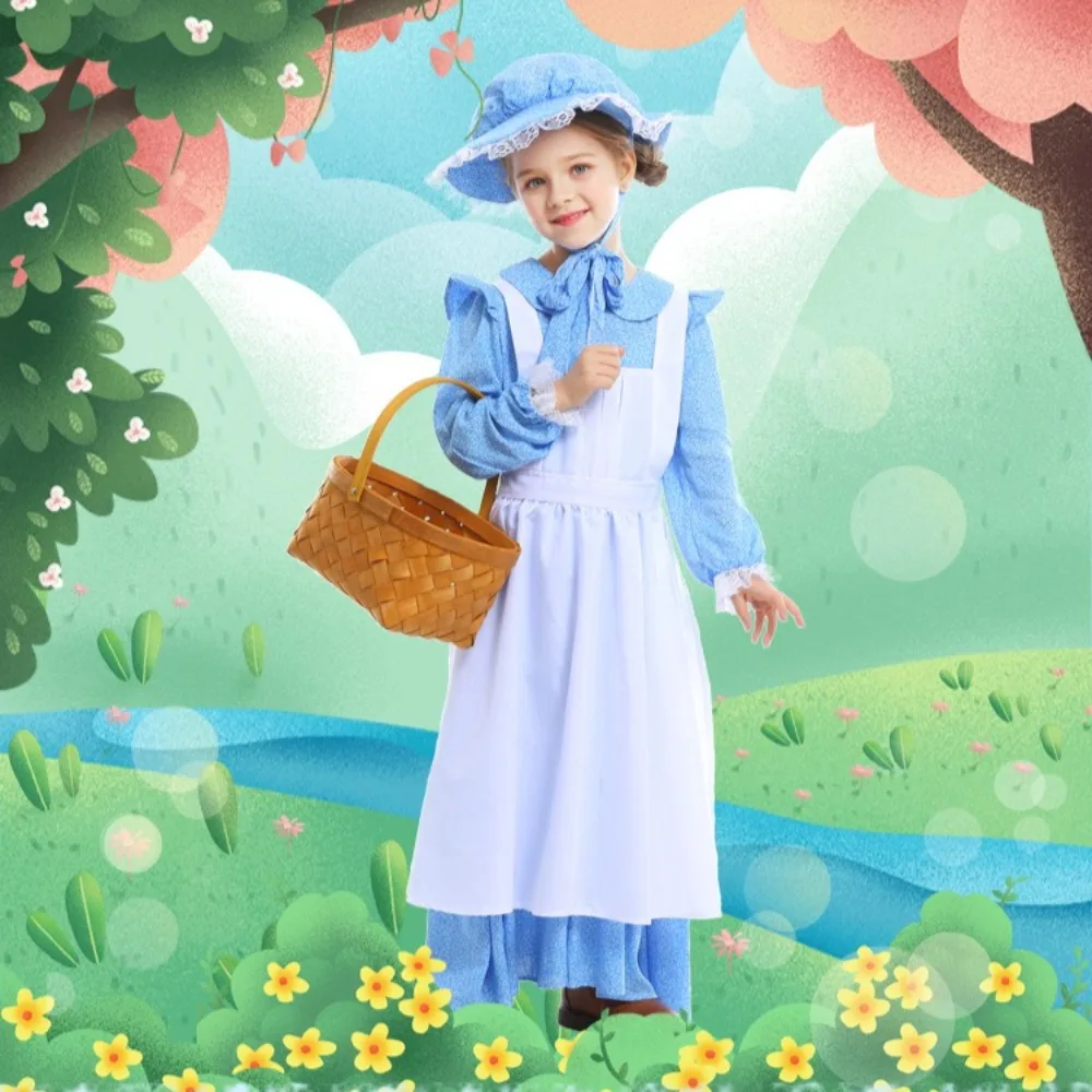 

Little House on The Prairie Costume - Rustic Pioneer Girl Dress with Lace Trim & Puffy Sleeves for Theme Parties & Photo Shoots