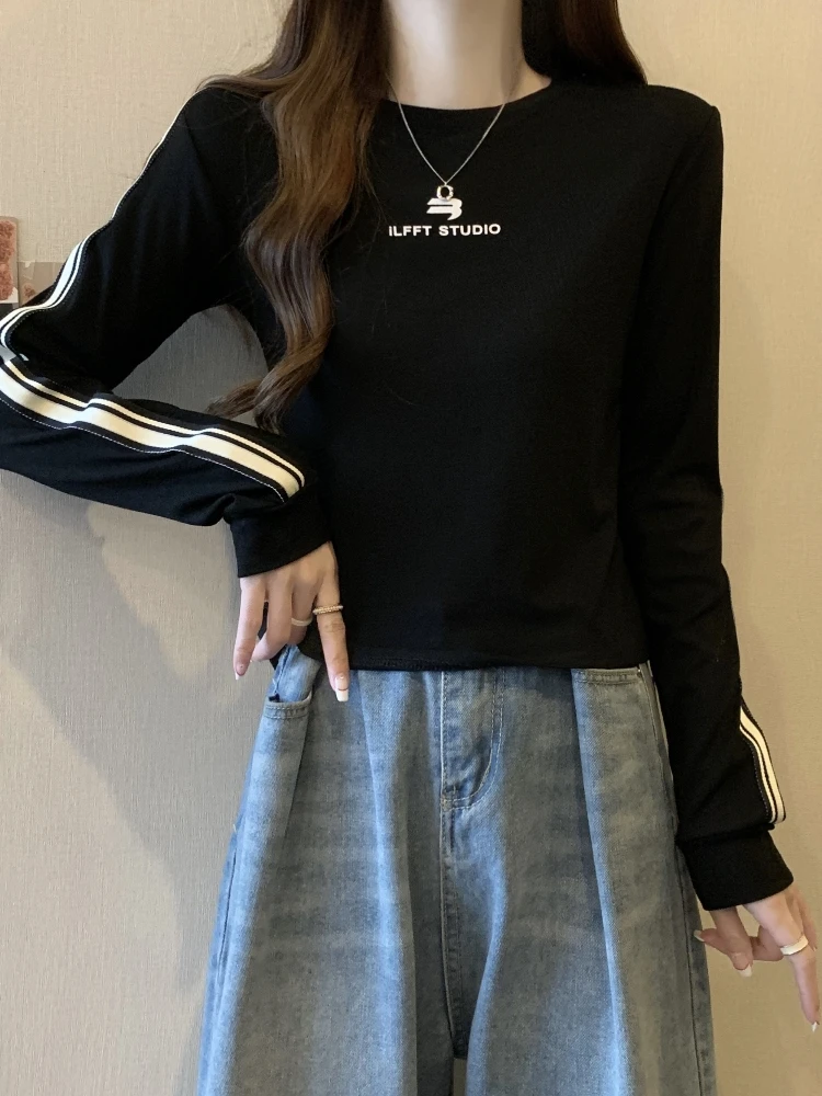 Slimming Short Sleeve Women's Sweatshirt Long Sleeve Base Layer Shirt plus Size Shoulder Width T-shirt Korean Style round Nec...