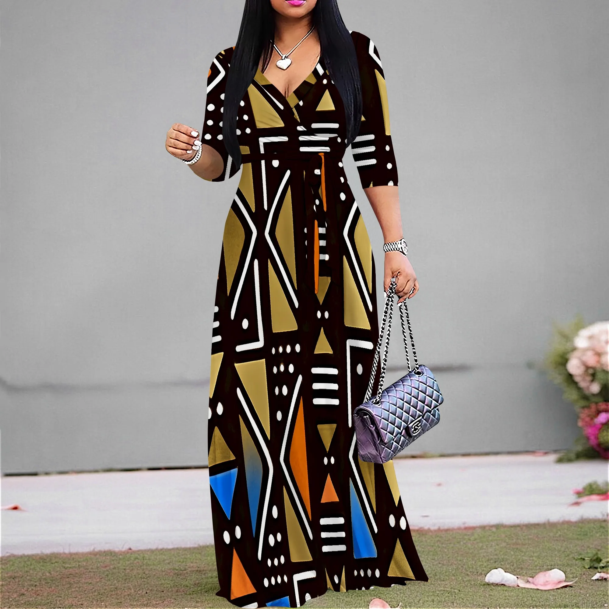 

Women's African Print Maxi Dress Boho Abstract V-Neck Half Sleeve A-line Dress with Belt for Vacation Wear XS-3XL