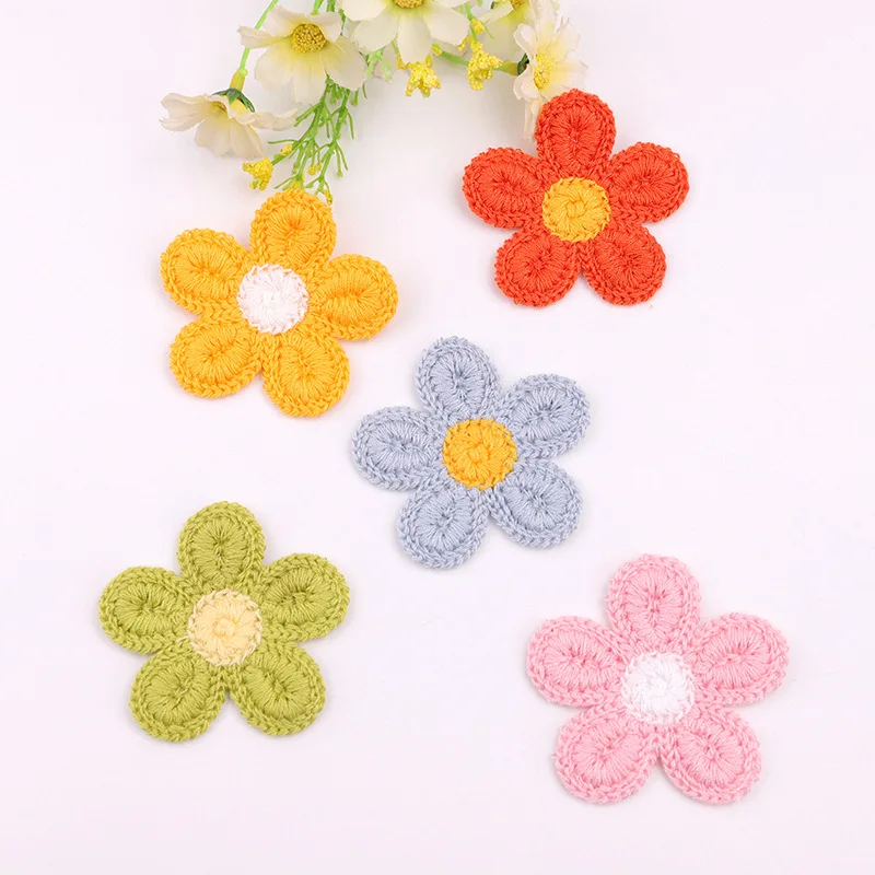 10PCS Sun flower decorative cloth stickers DIY headwear accessories woven two-color five-leaf flower knitted cloth stickers