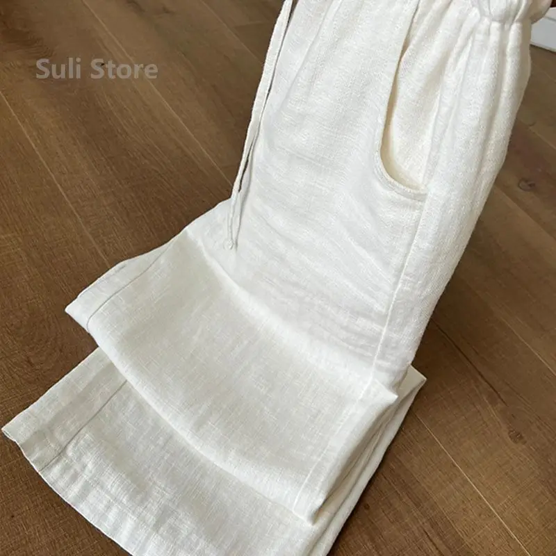 White Linen Wide-leg Pants Women's Summer 2025 New Cotton and Linen Casual Breathable Ice Silk Sunscreen Pants