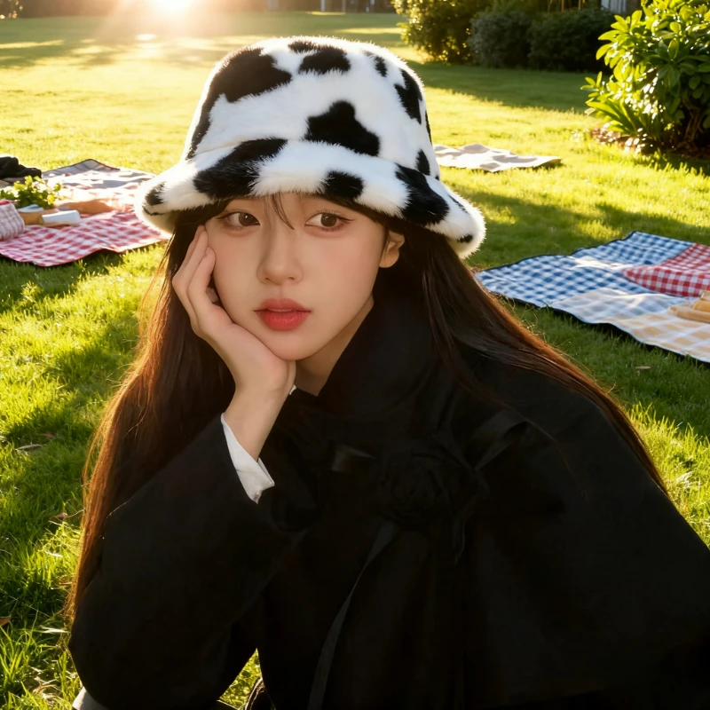 1pc winter Cow Print beret Hat for Women New Autumn and Winter Style Thickened Warm fishmen Hat for outdoor activities,holiday