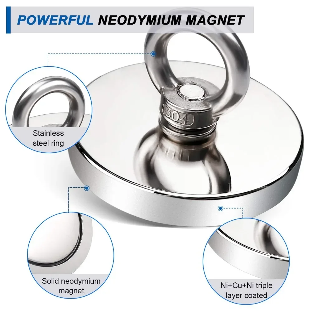 N52 Heavy Duty Search Magnets Strong Neodymium Magnet Salvage Magnet Deep Sea Fishing Magnets Mounting with Ring Eyebolt