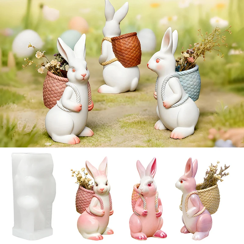 

【W】3D Easter Bunny Silicone Mold DIY Cute Animal Basket Rabbit Vase Ornaments Casting Molds Home Plaster Concrete Craft Gift