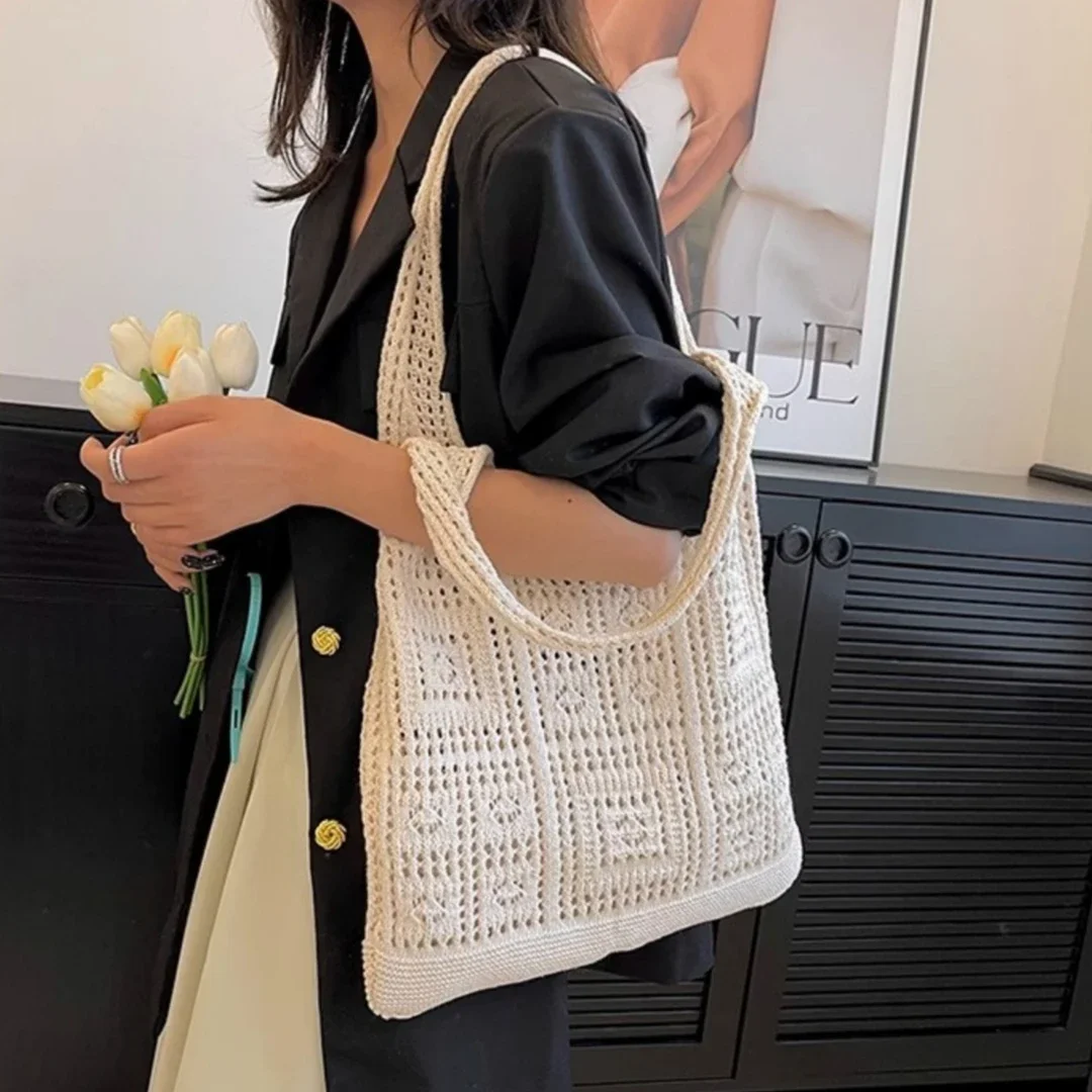 Fashion Crochet Tote Bags for Women's Mesh Hollow out Knitted Casual Shoulder Bag Ladies Shopping Bag Top-Handle Bags Handbags