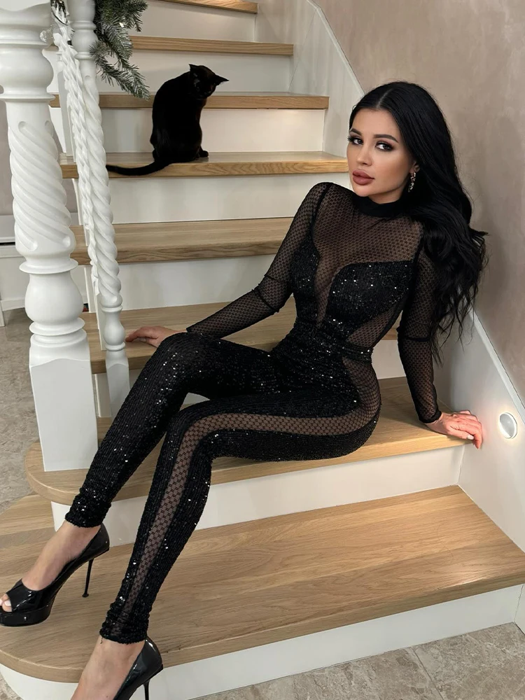 CNYISHE Mesh Sequins Patchwork Sheer Hollow Out Women Jumpsuits Long Sleeve O Neck Fashion Sexy Club Sheath Slim Female Tompers