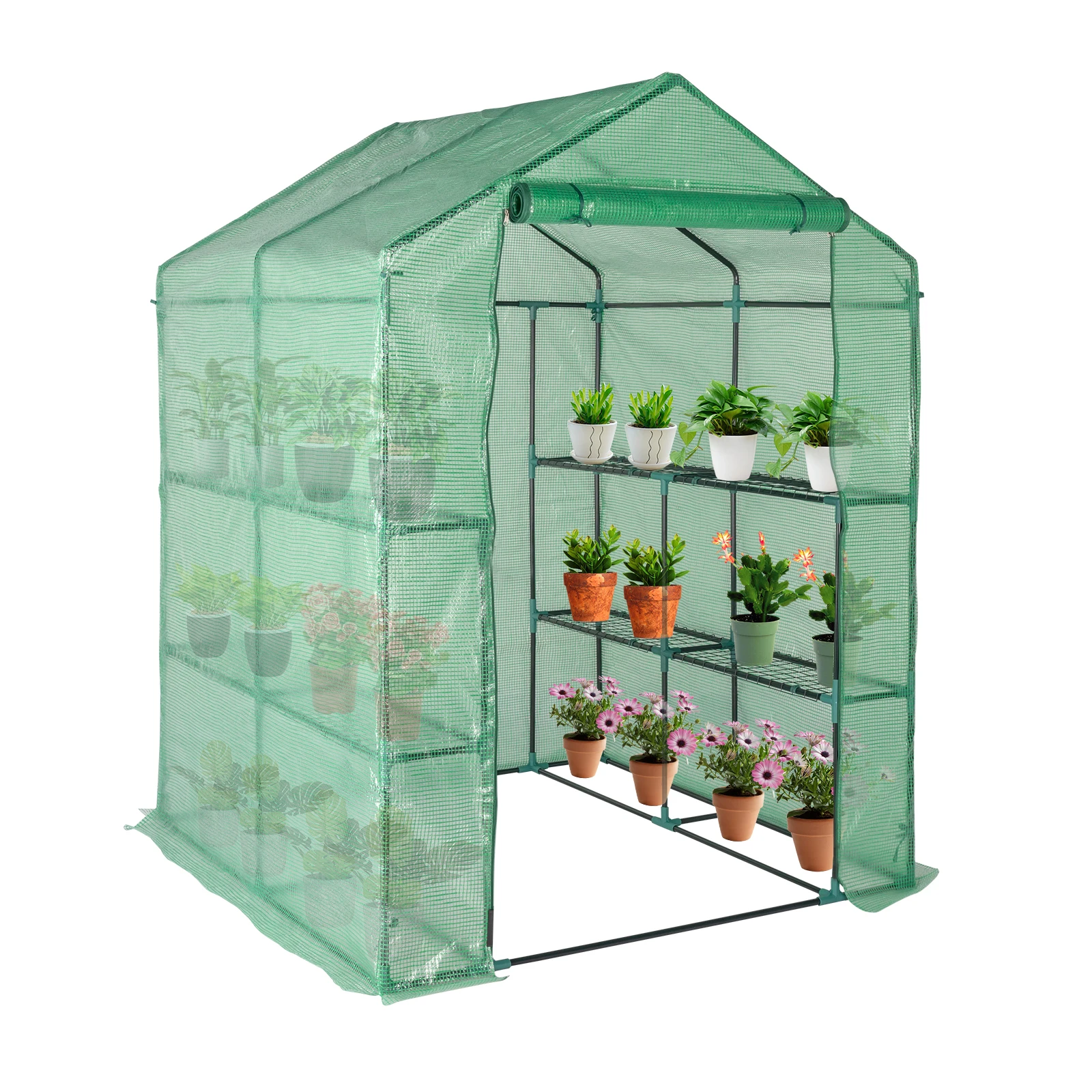 143x143x195cm Black Iron Pipe Steeple With 8 Pieces Grid Flower Stand With Zipper Rolling Door PE Cloth Greenhouse（SAME AS 54690859）