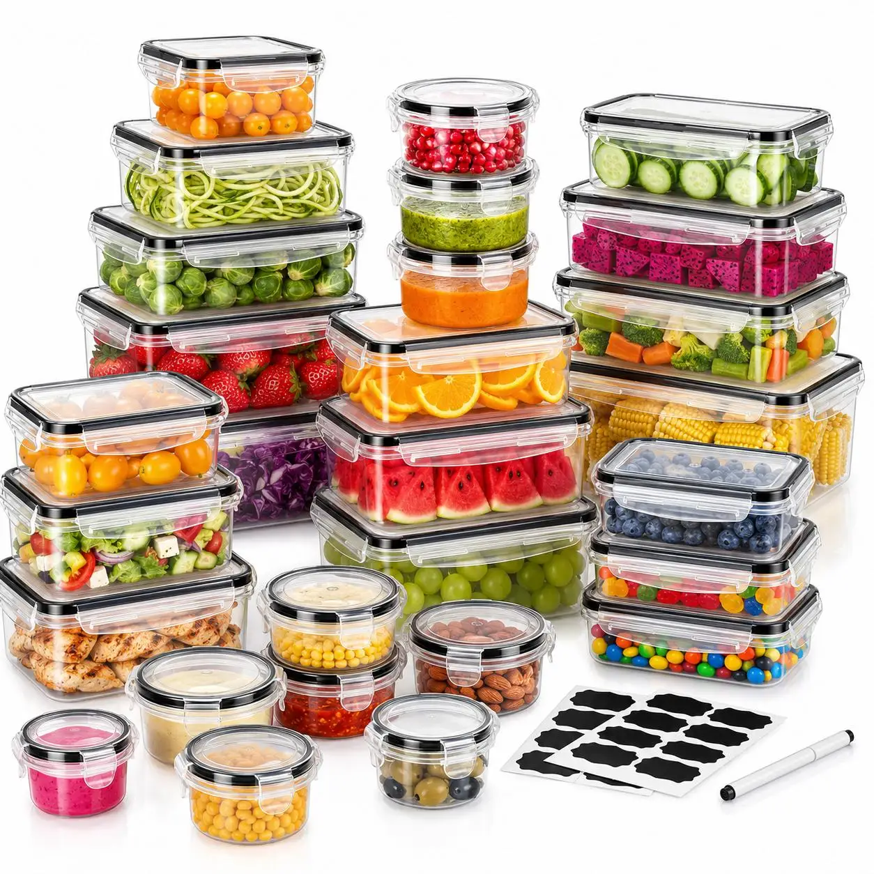 40Pcs Extra Large 85oz Food Storage Containers Set Airtight Plastic Kitchen Pantry Organizer Box with Lids Leakproof Reusable Microwave Dishwasher Safe Square Round Rectangular Container Labels Pen