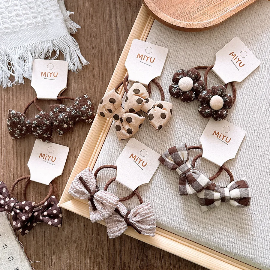 

Fabric Stuffed Bow Hair Tie for Kids Beige Coffee Color Polka Dot Floral Versatile Sweet Daily Ponytail Elastic Soft Non Slip