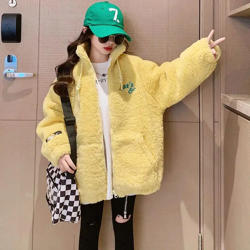 معطف سميك مخملي للخريف والشتاء للأطفال، معطف صوف خروف أصفر شتوي جديد للأطفال، سترة صوف كبيرة للأطفال