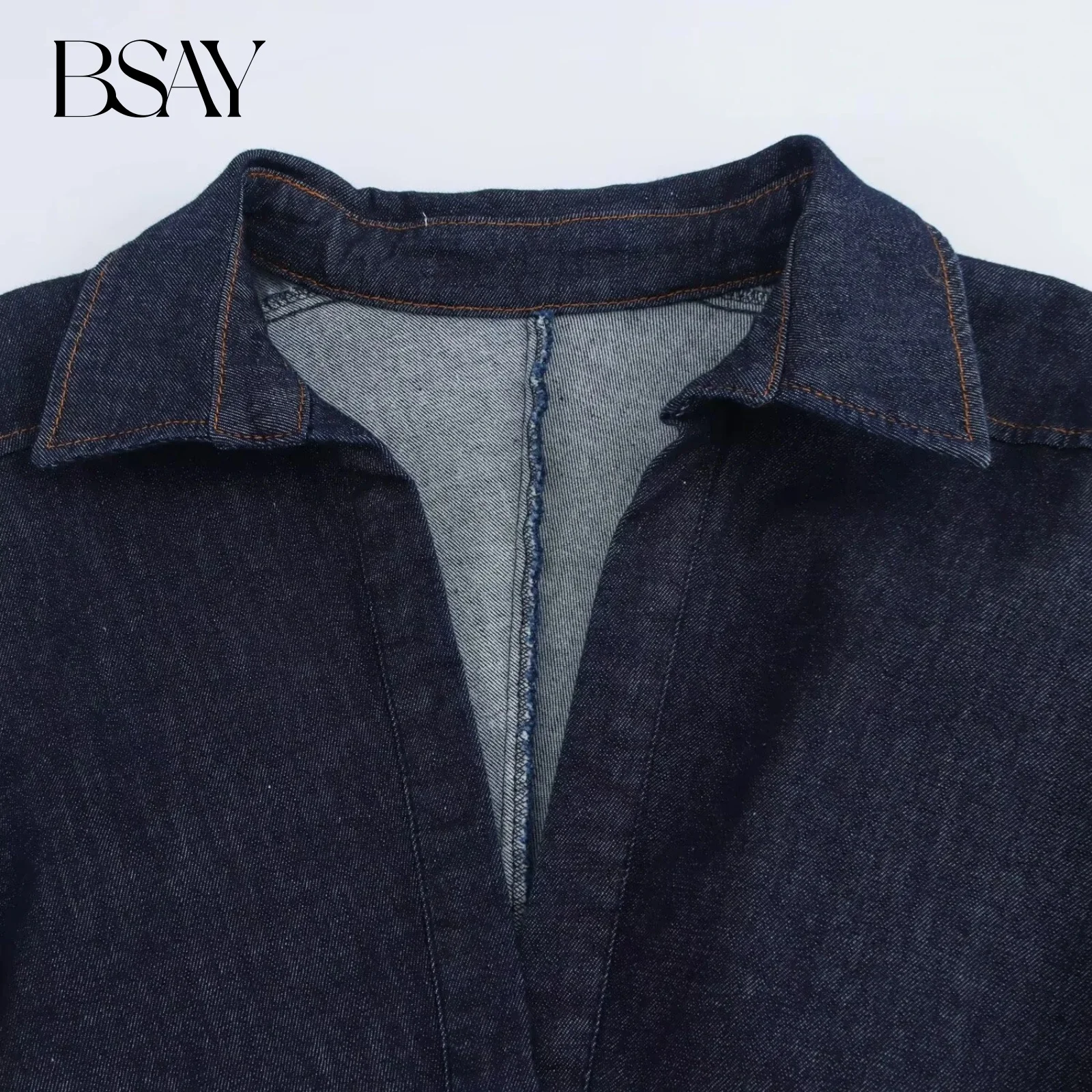 BSAY Damesmode Nieuwe Denim Lange Mouwen Single Breasted Revers Vintage Shirt Stijl Jurk Frankrijk Chique Vrouwelijke Avond Mujer