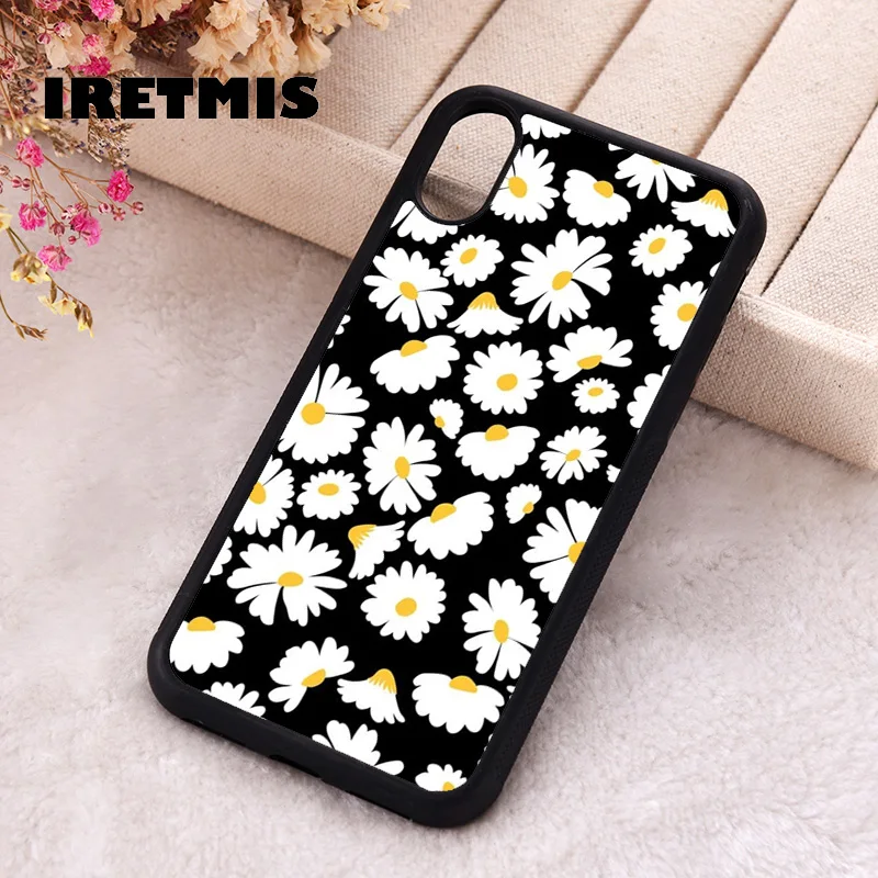 Iretmis 5 5S SE 2020 Phone Cover Case for iPhone 6 6S 7 8 Plus X Xs XR 11 12 13 MINI 14 Pro Max Rubber Silicone Black Daisies