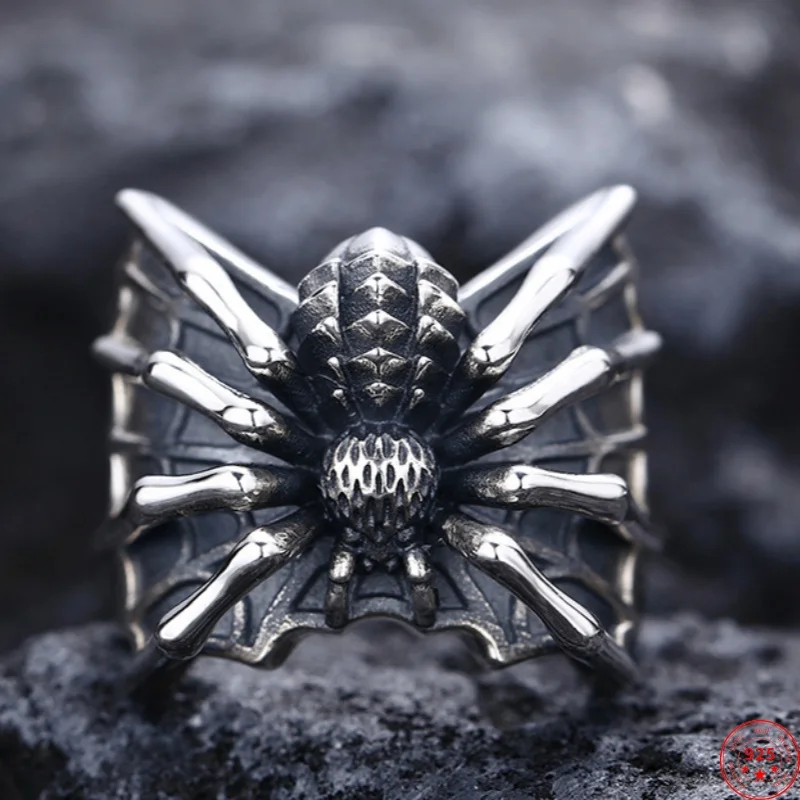 

Genuine S925 Sterling Silver Rings for Men New Fashion Vintage Relief Spider Wide 22mm Adjustable Punk Jewelry Wholesale