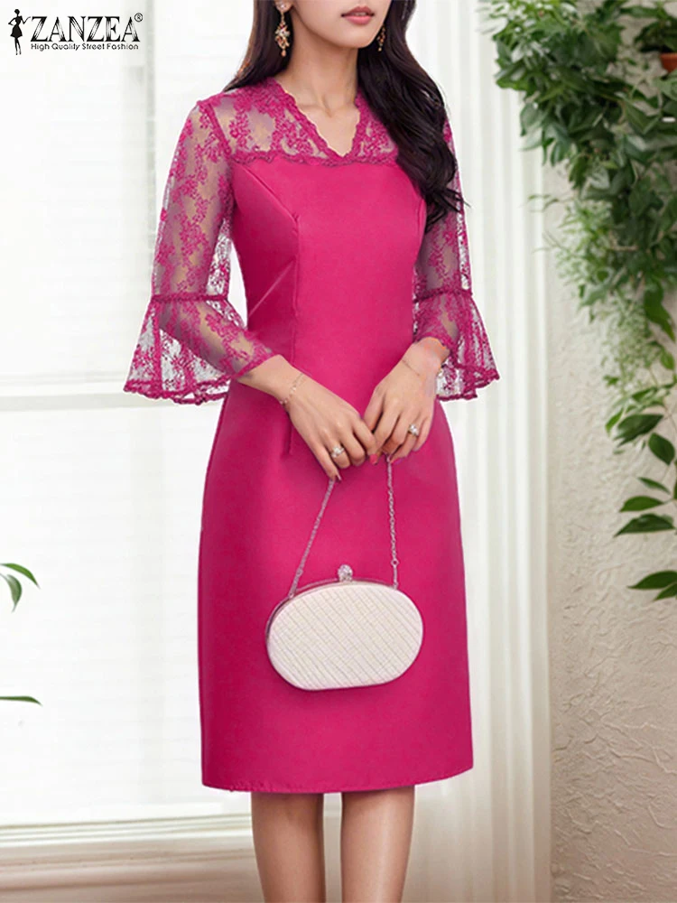 ZANZEA Elegant Fashion Sheer Dresses Shiny Satin V-Neck Lace Patchwork Womens Vestidos 3/4 Flared Sleeve Slim Knee-Length Robes