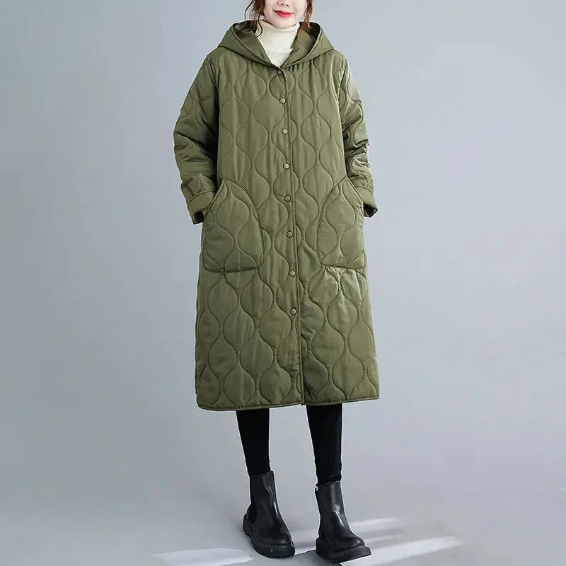 

Warm Loose Hooded Parkas Coat Women New Autumn Winter Vintage Green Cotton Coat Mid-Length Thick Cotton-Padded Jacket Outerwear
