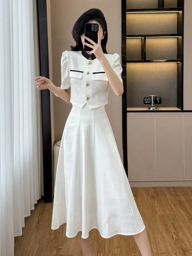 

2025 Summer New French Luxury Set Stylish Short Shirt Top And Long Skirt Two Piece Set Elegant Fashion 2 Piece Sets Woman Outfit