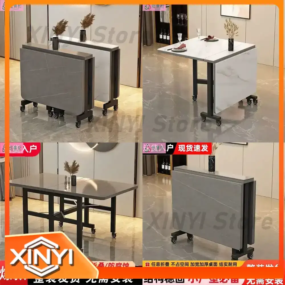 Ultra-Thin Foldable Dining Table for Home Use Portable Extendable Marble Top Dining Table with Wheels for Small Spaces No