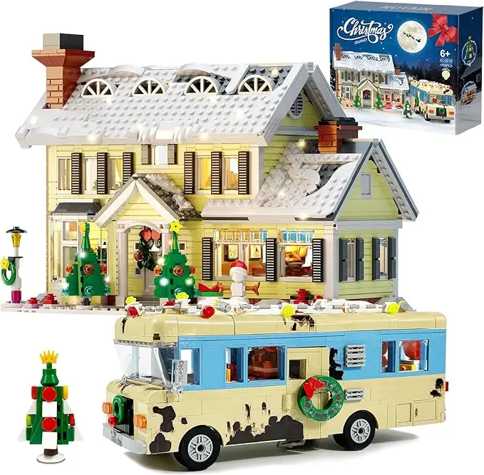 Snow Village& RV Building Blocks Kit with LED Lights,2 in 1 Christmas House and Car Model Toys Gifts for Boys and Girls(1726PCS)