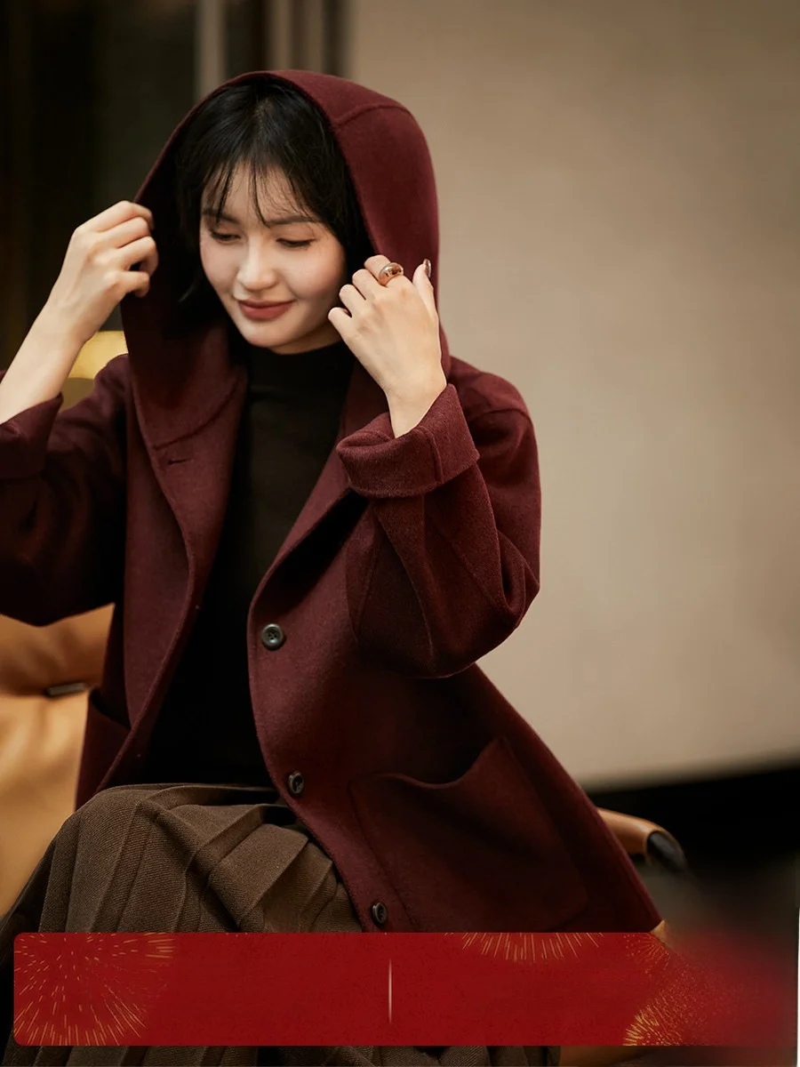 

Red Hat ort Double-Sided Silk Woolen Coat with Hood for Women Autumn New Sle Commute OL Loose Fit Long Sve Single Button