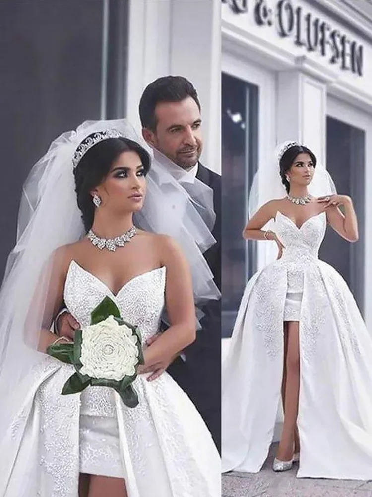 Vestido de novia Vintage de dos piezas con cuello en V, traje Sexy de encaje de longitud corta, Espalda descubierta, cremallera hinchada, tren desmontable