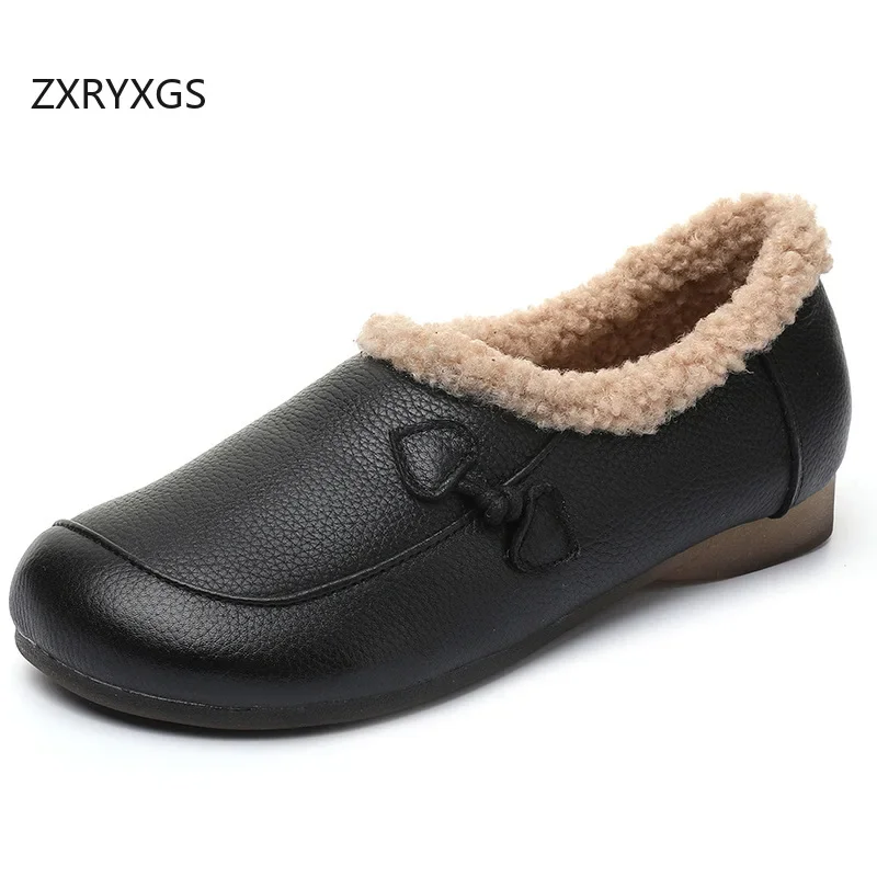 ZXRYXGS 2024 Top Cowhide Plus Velvet Winter Shoes Flat Casual Shoes Comfortable Soft Genuine Leather Warm Snow Shoes Women Flats