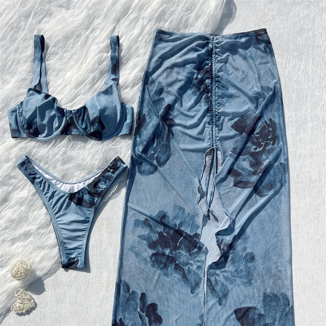 3-teiliger bedruckter Bikini mit Rock, Bügel-Bikini, Damen-Badeanzug, Damen-Bademode, dreiteiliges Bikini-Set, Badeanzug, Badebekleidung, Schwimmbekleidung V7078 – Detail 13