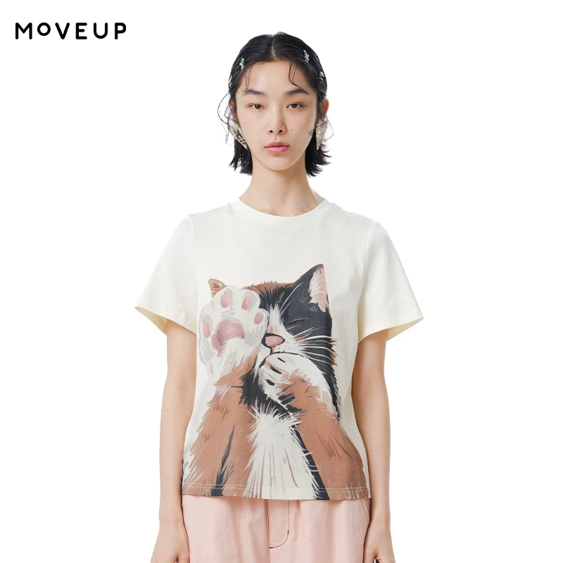 

MOVEUP Short Sleeves Round Neck T-Shirt 2026 Summer New Pure Cotton Cat Print Tees Commuting Loose Fit Top For Women 325210580