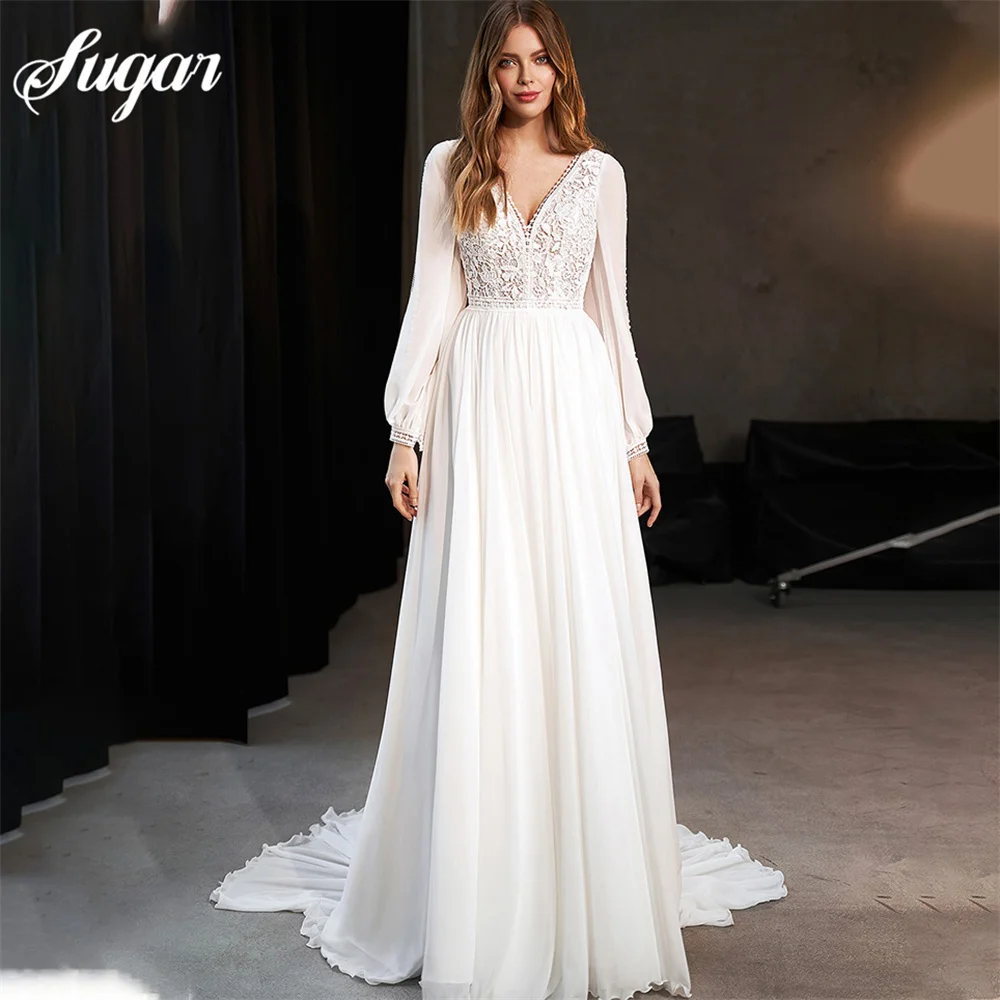 A Line Wedding Dress V Neck Lace Appliques Customized Full Net Sleeve Chiffon Bridal Gown Illusion Back Civil Vestidos De Novia