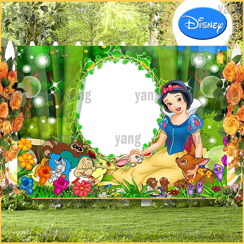 

Lovely Custom Disney Seven Dwarfs Princess Snow White Photo Backdrop Forest Garden Happy Birthday Party Backgrounds Decoration