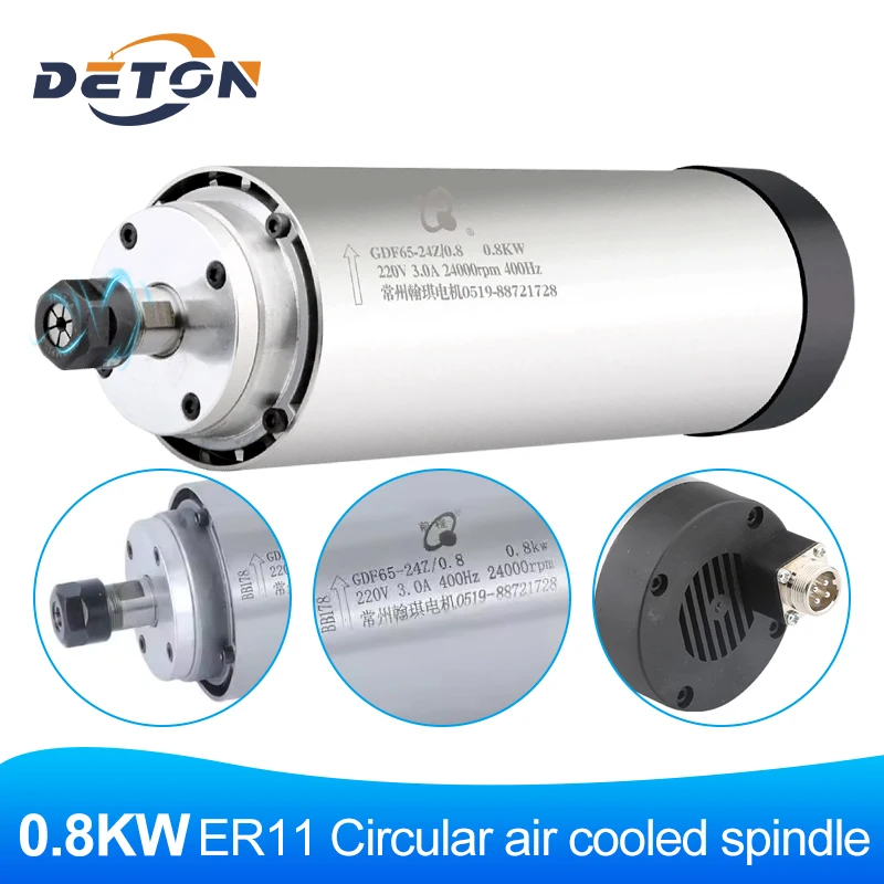 800W 220V 380V Circular Air Cooled Spindle Motor ER11 0.8KW D65mm 4 Bearings For CNC Lathe Engraving Milling