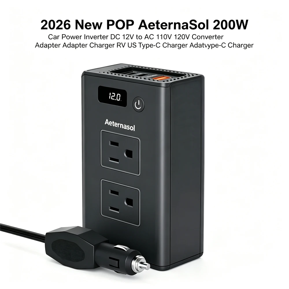 AeternaSol 2026 New 200W 12V to 220V Car Inverter Portable Solar Power Inverter USB Output Battery Clamp for Camping Emergency