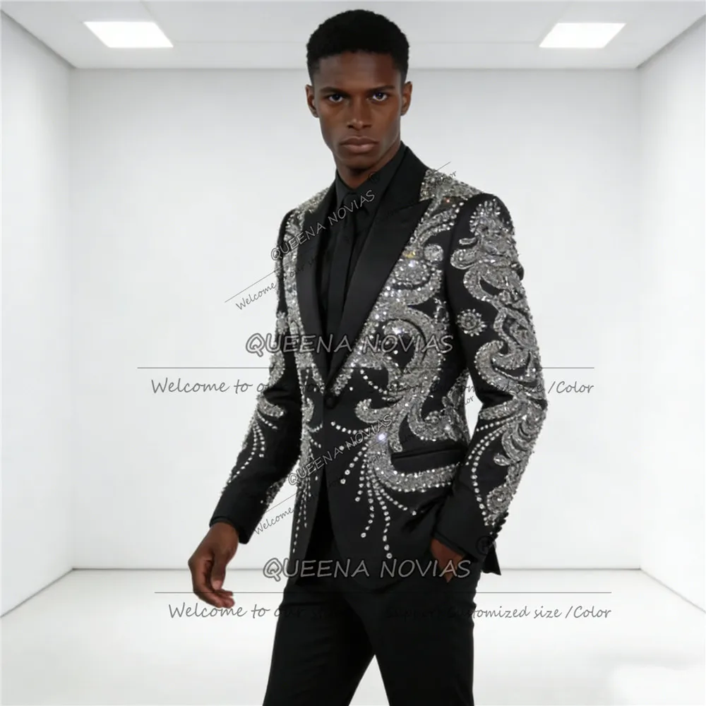 

Luxury Beaded Stones Suits Men Slim Fit Single Breasted Prom Blazer Customized Groom Wedding Tuxedos Male Fashion 2 Piece Attire