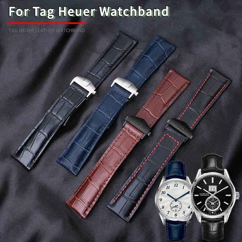 For tag Heuer Calera leather watchband Blue brown black red line crocodile leather watch strap mens accessories 19mm 20mm 22mm