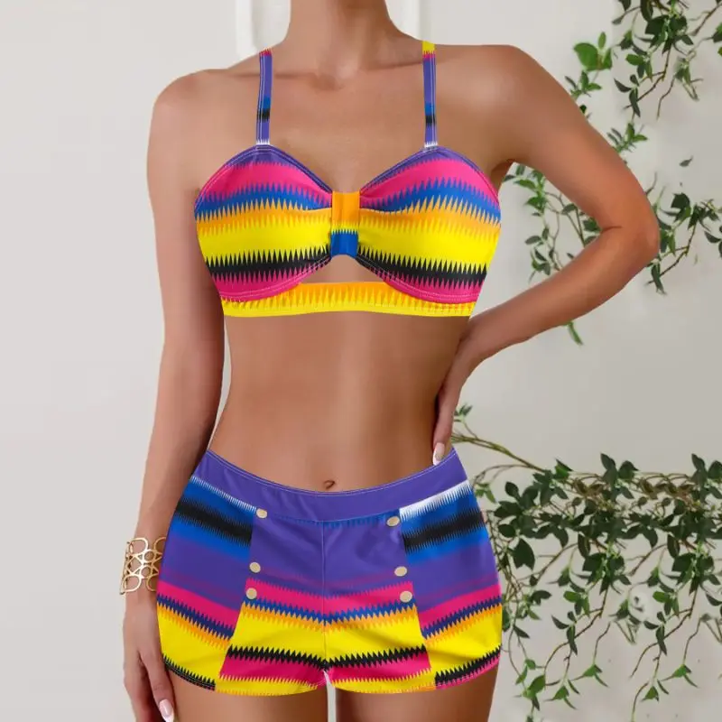 Cikini été plage rayé imprimé froncé Bikini ensemble maillot de bain sexy maillot de bain pour les femmes