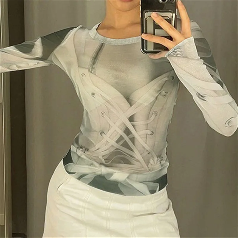 Goth Dark Mesh Transparent Long Sleeve Round Neck T-shirts 90s Vintage Print Slim E-gilr Tops Cyber Y2K Sheer T-shirt Techwear