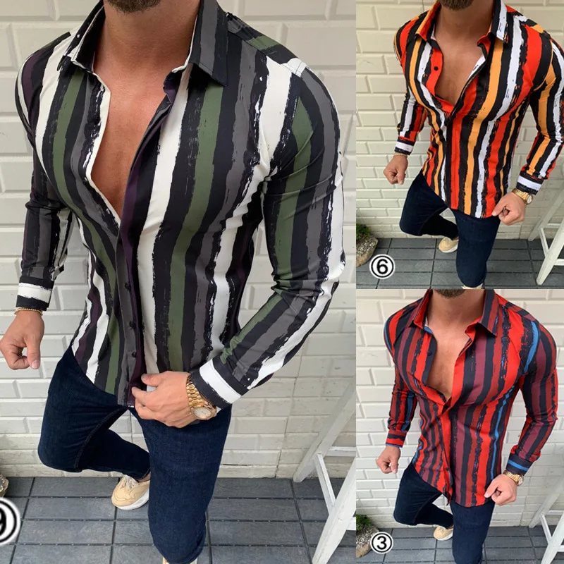 

New European and American Men's Summer Stripe Gradient 3D Printed Long Sleeve Shirt Men Shirts