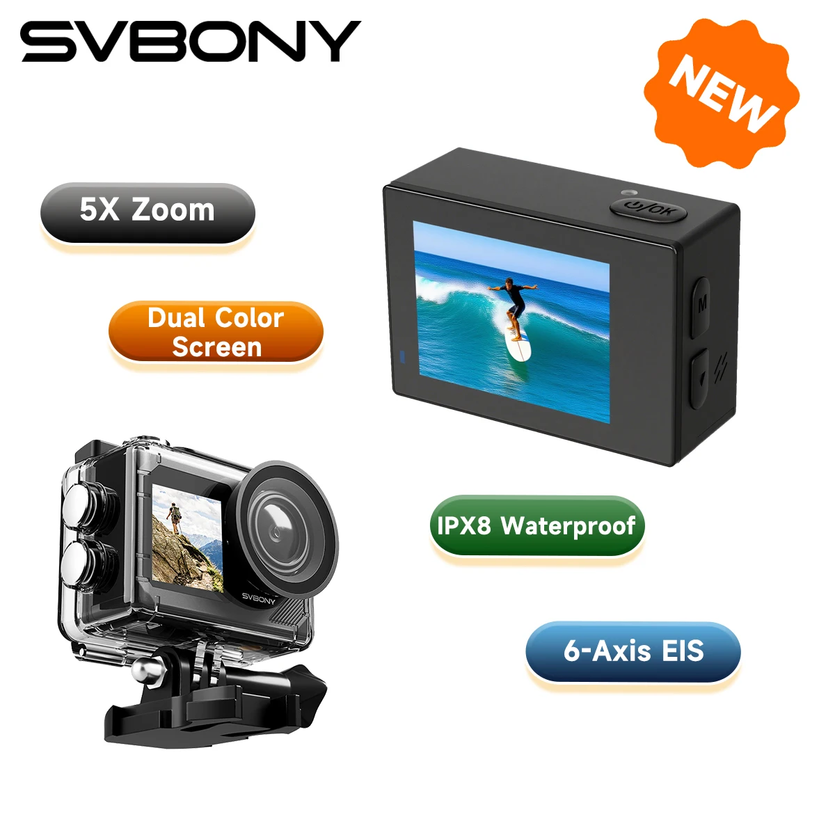 

Svbony SVGo2 Action Camera Selfie Dual Screen True 4K 6-axis EIS IPX8 Waterproof Case Buoyancy Stick for Underwater Vlog Surfing