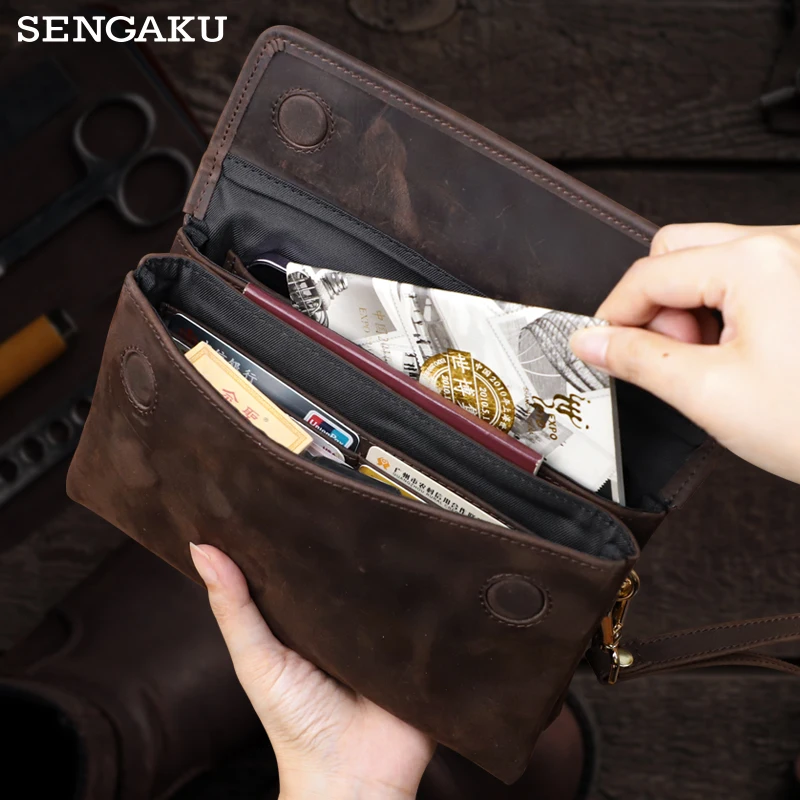 Genuine Leather Men's Clutch HandBags Men's Wrist Long Wallet Money Cards Mobile Purse For Man Large Capacity Business Style