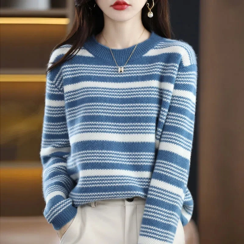 

2025 New Women's Loose Autumn Winter Knitted Sweater round Ne Stripe Color Blo Top Warm Thermal Fine Yarn Long Sve o...