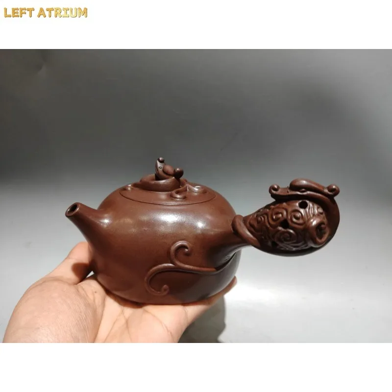 Old Chinese Handicraft Enameled YiXing Zisha (red stoneware) Teapot,A side-handled teapot with an openwork dragon design