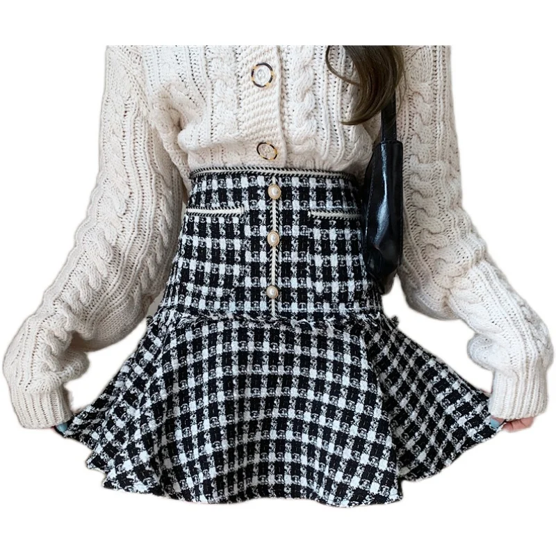 Grande taille L-4XL fille automne hiver taille haute Plaid queue de poisson jupe noir a-ligne à la mode polyvalent élégant coréen Mini jupes