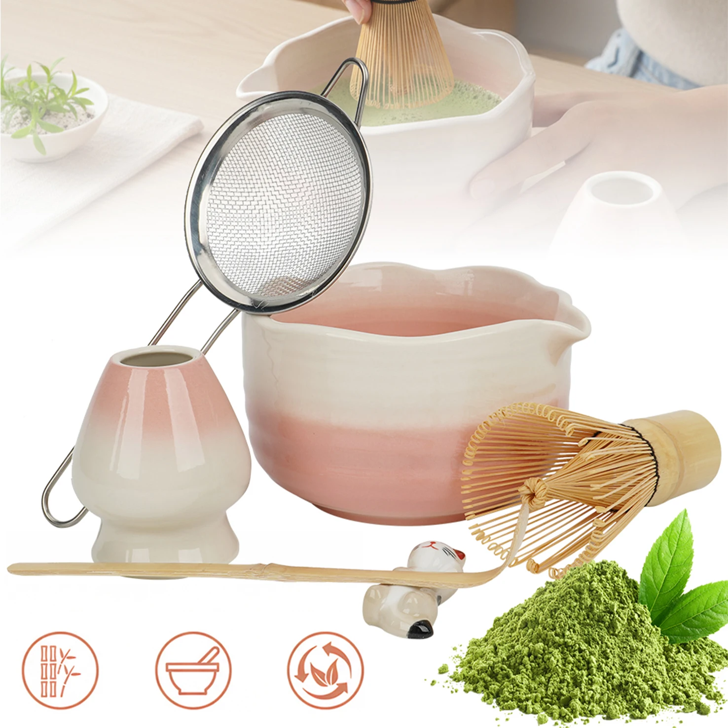 Set per preparare il matcha, composto da 6 pezzi, con frusta in bambù e ciotola in ceramica. Il kit completo per il matcha include una ciotola da 510 ml, una frusta artigianale con 100 punte, un